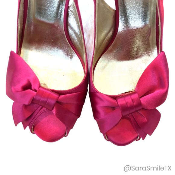 {VALENTINO GARAVANI} Bright Pink Satin Bow Open Toe Slingback Stiletto Pumps - Picture 6 of 13